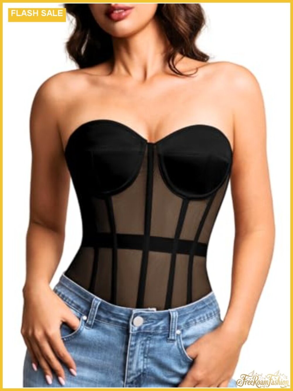 Strapless Mesh Corset Top Padded Lace-Up Bustier